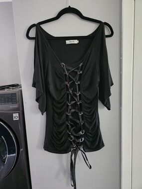 Black Lace-Up Cold Shoulder Top